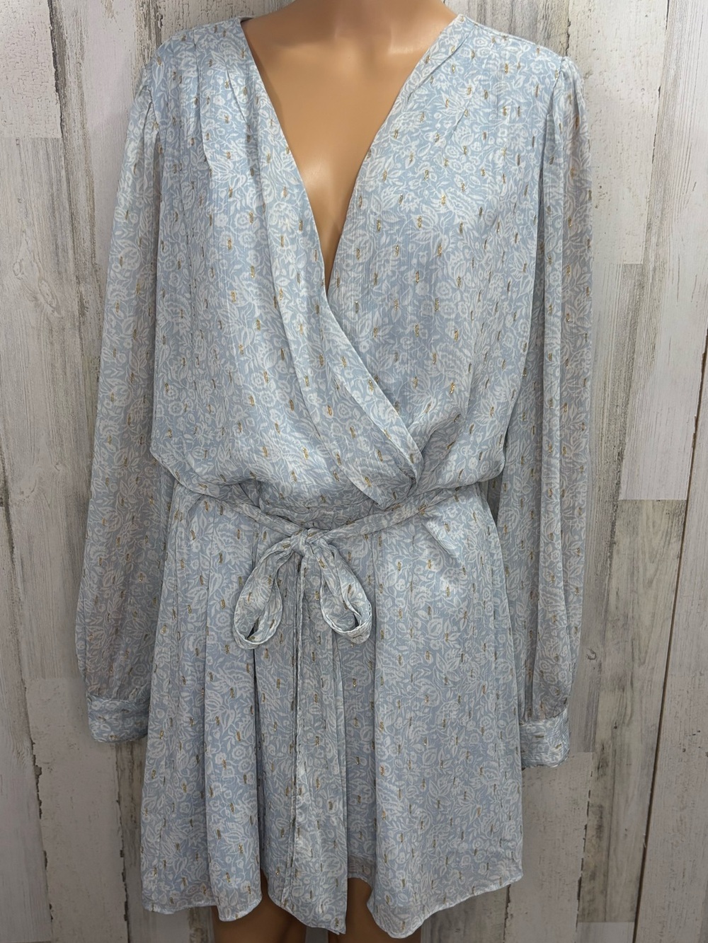 Express Pale Blue Floral Faux Wrap Long Sleeve Romper with Tie Belt